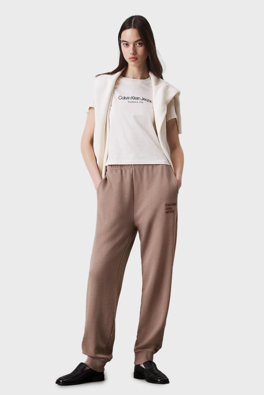 Calvin Klein Calvin Klein Kadın Normal Kesim Geniş Paça Dokuma Kumaş Beli ve Paçası Lastikli Bej Eşofman Altı J20J224989-PFW