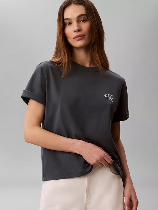 Calvin Klein Calvin Klein Kadın Normal Kalıp Pamuklu Yuvarlak Yakalı CK Logo Baskılı Kısa Kollu Antrasit T-Shirt LV047G826G-CEG