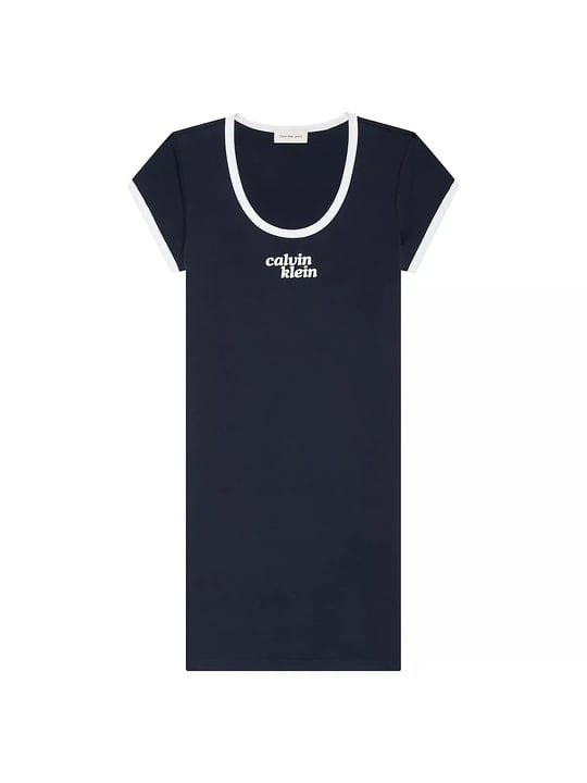 Calvin Klein Calvin Klein Kadın Normal Kalıp Yuvarlak Yakalı Logo Baskılı Kısa Kollu Mini Lacivert Elbise LV047G212G-CEF