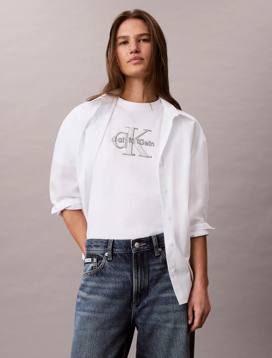 Calvin Klein Calvin Klein Kadın Normal Kalıp CK Logo Baskılı Yuvarlak Yakalı Kısa Kollu Beyaz T-Shirt LV047H800G-YAF