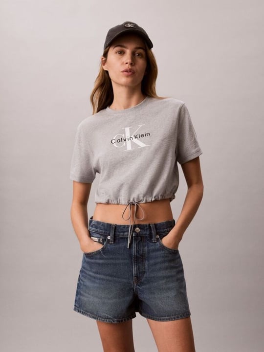 Calvin Klein Calvin Klein Kadın Rahat Kesim Esnek Pamuklu Örme KumaşCK Logo Detaylı Kısa Kollu Crop Gri T-Shirt LV047G288G-P79