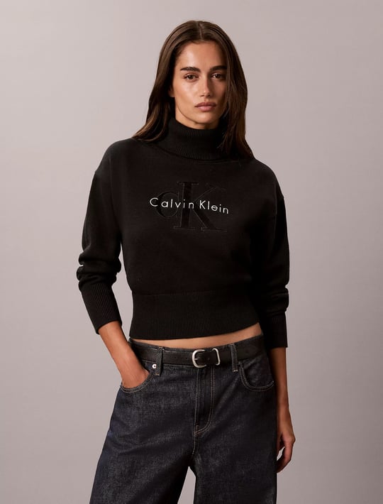 Calvin Klein Calvin Klein Kadın Rahat Kalıp Balıkçı Yaka Esnek Pamuklu Logo Nakışlı Uzun Kollu Siyah Kazak LV047H329G-UB1