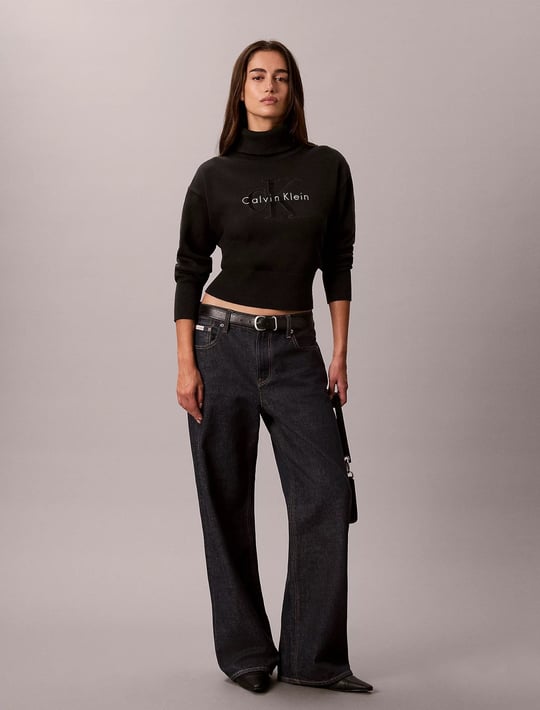 Calvin Klein Calvin Klein Kadın Rahat Kalıp Balıkçı Yaka Esnek Pamuklu Logo Nakışlı Uzun Kollu Siyah Kazak LV047H329G-UB1