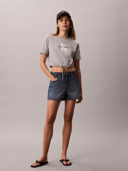 Calvin Klein Calvin Klein Kadın Rahat Kesim Esnek Pamuklu Örme KumaşCK Logo Detaylı Kısa Kollu Crop Gri T-Shirt LV047G288G-P79