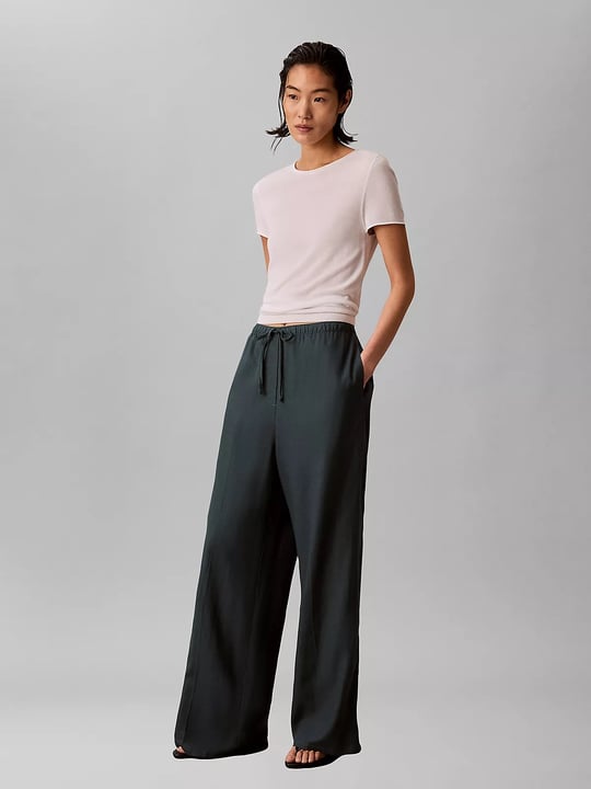 Calvin Klein Calvin Klein Kadın Rahat Kalıp Beli Lastikli Geniş Paçalı Keten Mavi Pantolon LV047F631G-3Q1