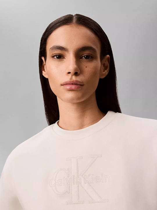 Calvin Klein Calvin Klein Kadın Rahat Kesim CK Logo İşlemeli Yuvarlak Yakalı Uzun Kollu Ekru Sweatshirt LV047G820G-YAS