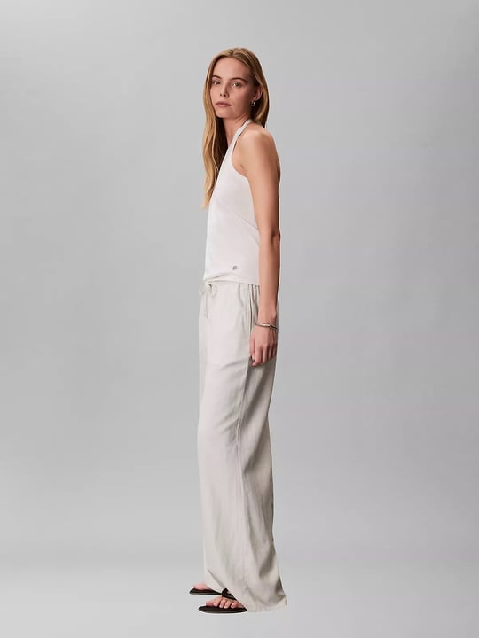 Calvin Klein Calvin Klein Kadın Rahat Kalıp Beli Lastikli Geniş Paçalı Keten Beyaz Pantolon LV047F631G-67U
