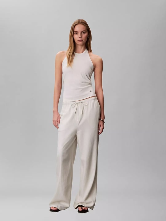 Calvin Klein Calvin Klein Kadın Rahat Kalıp Beli Lastikli Geniş Paçalı Keten Beyaz Pantolon LV047F631G-67U