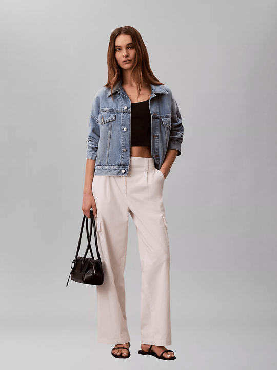 Calvin Klein Calvin Klein Kadın Rahat Kalıp Beli Lastikli Cep Detaylı Geniş Paçalı Beyaz Pantolon LV047F623G-YAS