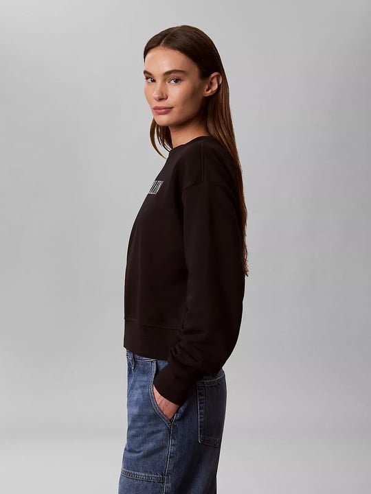 Calvin Klein Calvin Klein Kadın Rahat Kalıp Yuvarlak Yakalı Logo Baskılı Düşük Omuzlu Pamuklu Uzun Kollu Siyah Sweatshirt LV047H806G-UB1