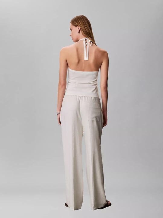 Calvin Klein Calvin Klein Kadın Rahat Kalıp Beli Lastikli Geniş Paçalı Keten Beyaz Pantolon LV047F631G-67U