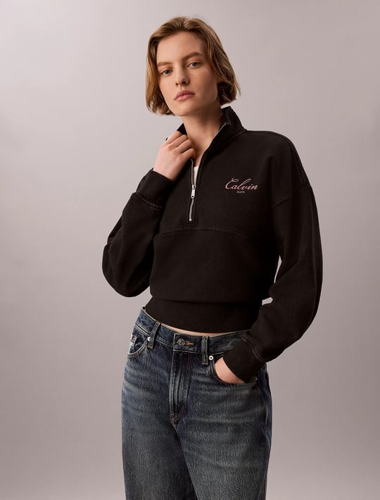 Calvin Klein Calvin Klein Kadın Regular Fit Yarım Fermuarlı Pamuklu Düşük Omuzlu Uzun Kollu Siyah Sweatshirt LV047H239G-UB1