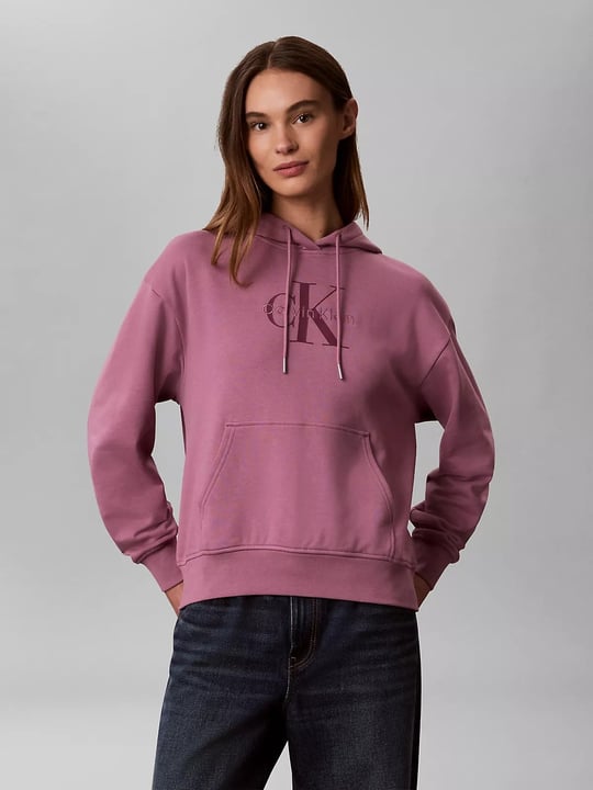 Calvin Klein Calvin Klein Kadın Relaxed Fit Pamuklu Havlu Kumaş Düşük Omuzlu Kapüşonlu Kanguru Cepli Logo Baskılı Pembe Sweatshirt LV047E221G-VCB