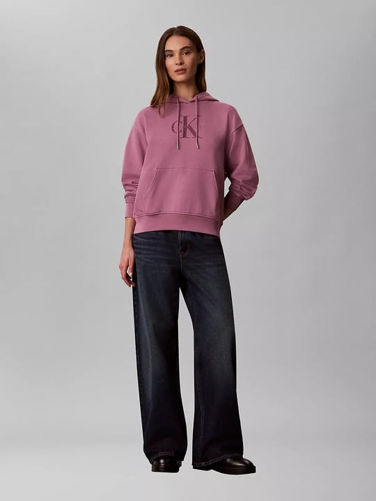 Calvin Klein Calvin Klein Kadın Relaxed Fit Pamuklu Havlu Kumaş Düşük Omuzlu Kapüşonlu Kanguru Cepli Logo Baskılı Pembe Sweatshirt LV047E221G-VCB
