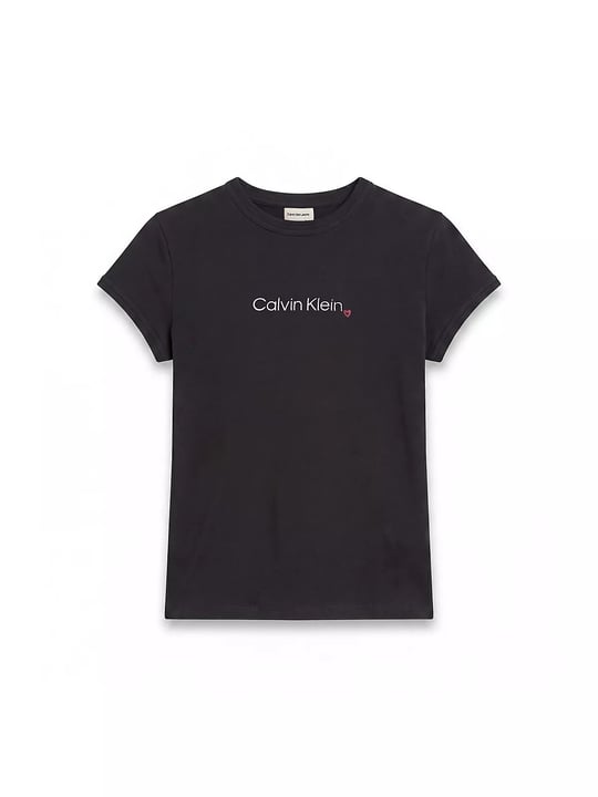 Calvin Klein Calvin Klein Kadın Slim Fit Esnek Pamuklu Yuvarlak Yaka Simli Kalp Logo Baskılı Siyah T-Shirt LV047H835G-UB1