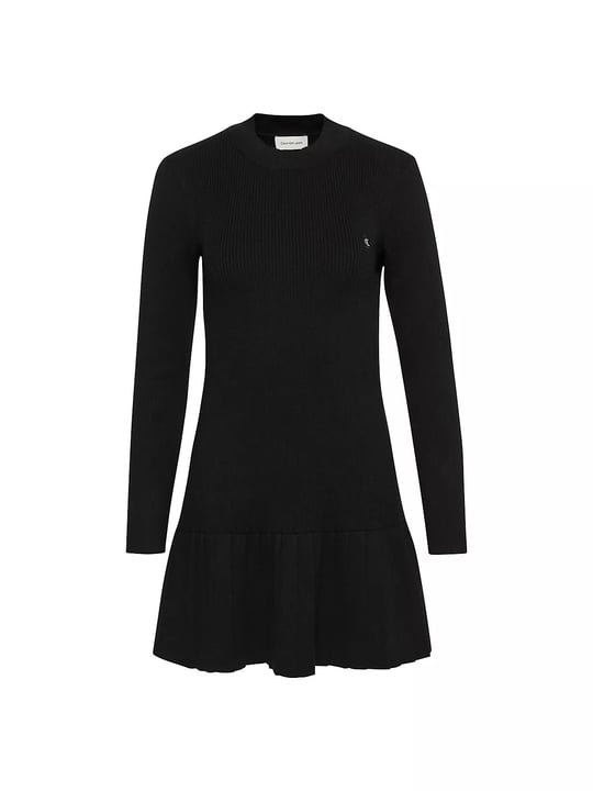 Calvin Klein Calvin Klein Kadın Slim Fit Pamuklu Fitilli Sıfır Yaka Pilili Kloş Mini Siyah Elbise LV047H368G-UB1