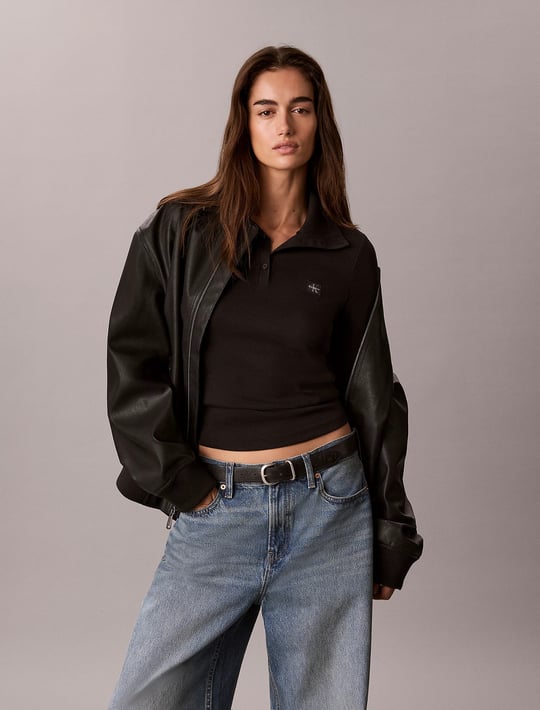 Calvin Klein Calvin Klein Kadın Slim Fit CK Logo Etiketli Örme Kumaş Uzun Kollu Siyah T-Shirt LV047H203G-UB1