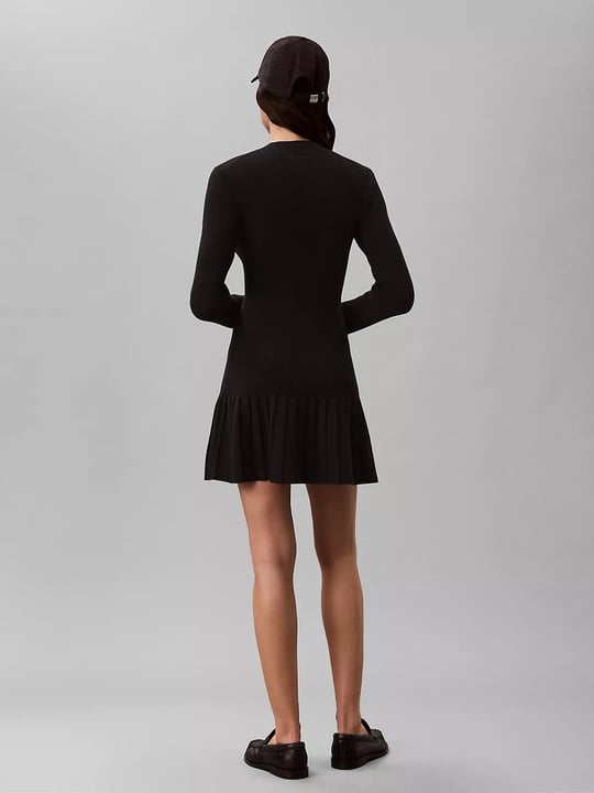 Calvin Klein Calvin Klein Kadın Slim Fit Pamuklu Fitilli Sıfır Yaka Pilili Kloş Mini Siyah Elbise LV047H368G-UB1