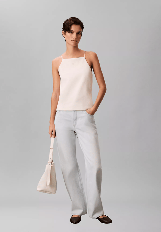 Calvin Klein Calvin Klein Kadın Slim Fit Dar İp Askılı Pamuklu Düz Dokuma Kumaş Krem Bluz LV044F206G-YAS