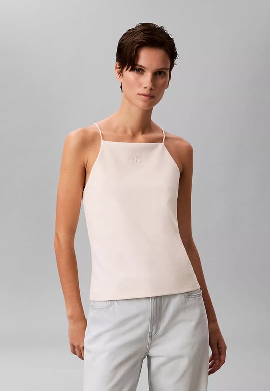Calvin Klein Calvin Klein Kadın Slim Fit Dar İp Askılı Pamuklu Düz Dokuma Kumaş Krem Bluz LV044F206G-YAS
