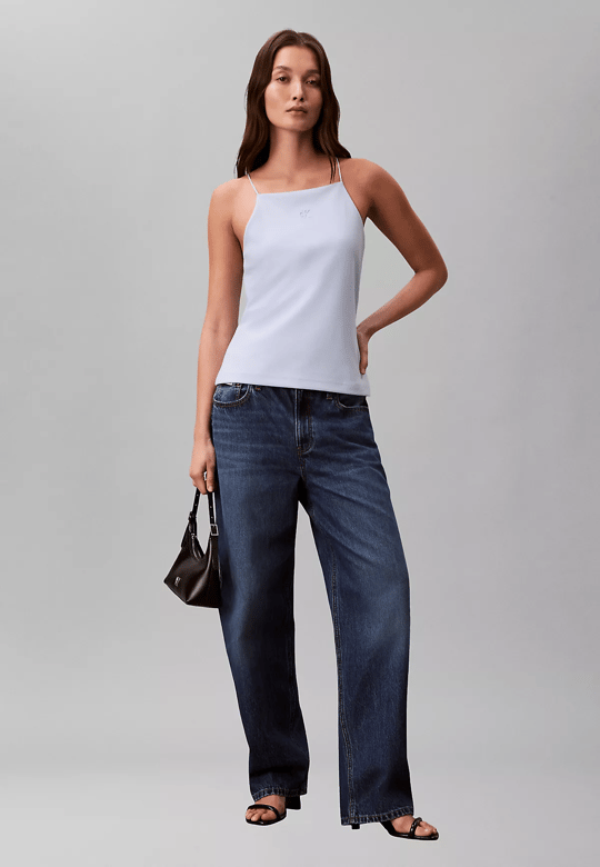Calvin Klein Calvin Klein Kadın Slim Fit Dar İp Askılı Pamuklu Düz Dokuma Kumaş Mavi Bluz LV044F206G-C1O