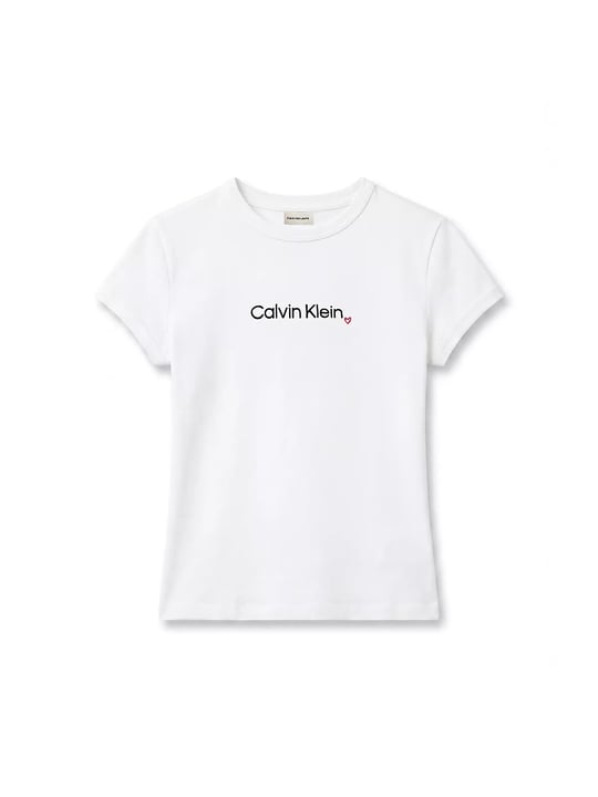 Calvin Klein Calvin Klein Kadın Slim Fit Esnek Pamuklu Yuvarlak Yaka Simli Kalp Logo Baskılı Beyaz T-Shirt LV047H835G-YAF