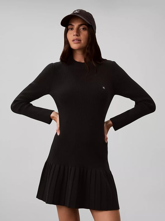 Calvin Klein Calvin Klein Kadın Slim Fit Pamuklu Fitilli Sıfır Yaka Pilili Kloş Mini Siyah Elbise LV047H368G-UB1