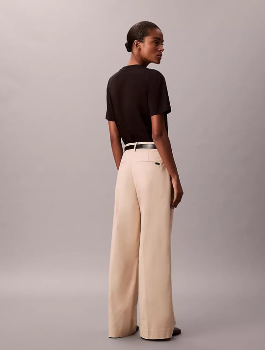 Calvin Klein Calvin Klein Kadın Yüksek Bel Geniş Paça Rahat Kesim Krem Pantolon LV044D664G-0XG