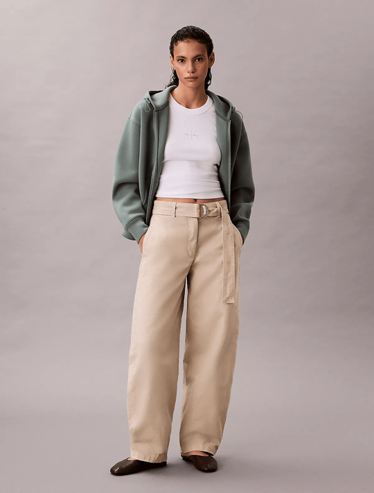 Calvin Klein Calvin Klein Kadın Yüksek Bel Geniş Paça Belde Kemer Detay Dokuma Kumaş Krem Pantolon LV044E619G-2F2