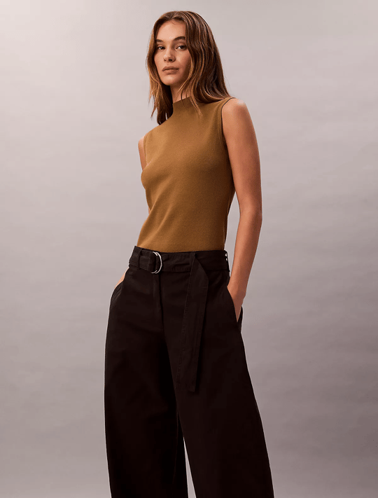 Calvin Klein Calvin Klein Kadın Yüksek Bel Geniş Paça Belde Kemer Detay Dokuma Kumaş Siyah Pantolon LV044E619G-UB1