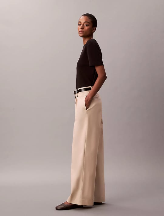 Calvin Klein Calvin Klein Kadın Yüksek Bel Geniş Paça Rahat Kesim Krem Pantolon LV044D664G-0XG