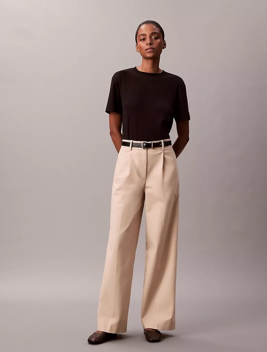 Calvin Klein Calvin Klein Kadın Yüksek Bel Geniş Paça Rahat Kesim Krem Pantolon LV044D664G-0XG