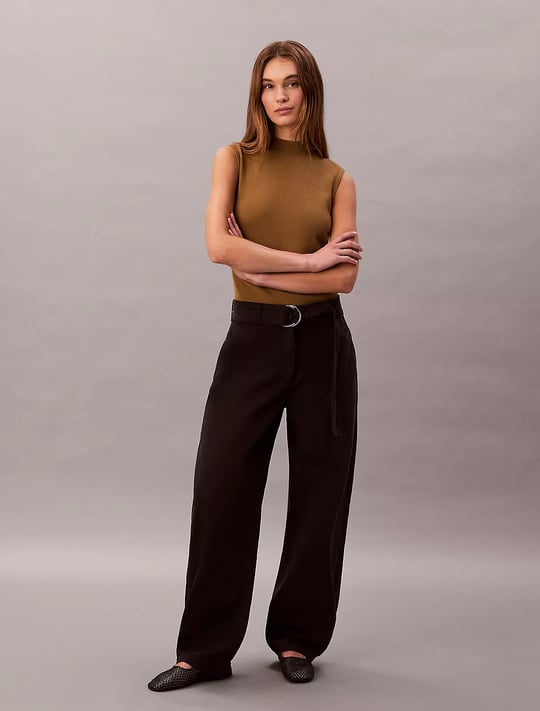 Calvin Klein Calvin Klein Kadın Yüksek Bel Geniş Paça Belde Kemer Detay Dokuma Kumaş Siyah Pantolon LV044E619G-UB1