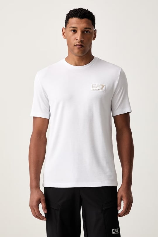 EA7 Ea7 Erkek Normal Kalıp Yuvarlak Yakalı Logo Basklı Kısa Kollu Beyaz T-Shirt 7M002238 AF13739-U0002