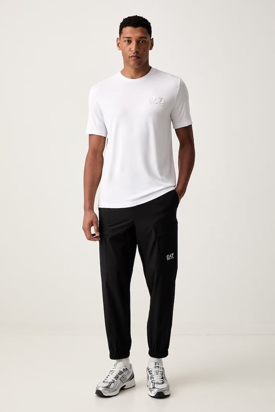 EA7 Ea7 Erkek Normal Kalıp Yuvarlak Yakalı Logo Basklı Kısa Kollu Beyaz T-Shirt 7M002238 AF13739-U0002