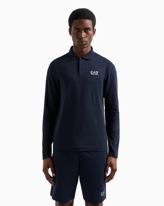 EA7 Ea7 Erkek Pamuklu Uzun Kol Dokuma Günlük Kullanım Mavi Polo Yaka T-Shirt 8NPF15 PJVQZ-1562