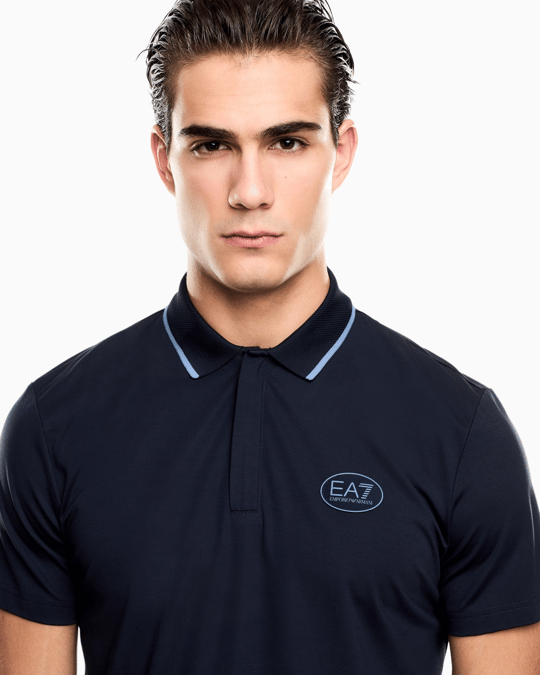 EA7 Ea7 Erkek Vücut Sıcaklığını Sabit Tutan Kumaş Dar Kalıp Logo Desenli Kısa Kollu Lacivert Polo Yaka T-Shirt 7M001288 AF13520-UB102