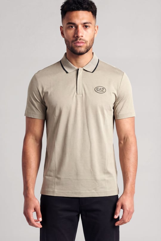 EA7 Ea7 Erkek Vücut Sıcaklığını Sabit Tutan Kumaş Dar Kalıp Logo Desenli Kısa Kollu Bej Polo Yaka T-Shirt 7M001288 AF13520-U6167
