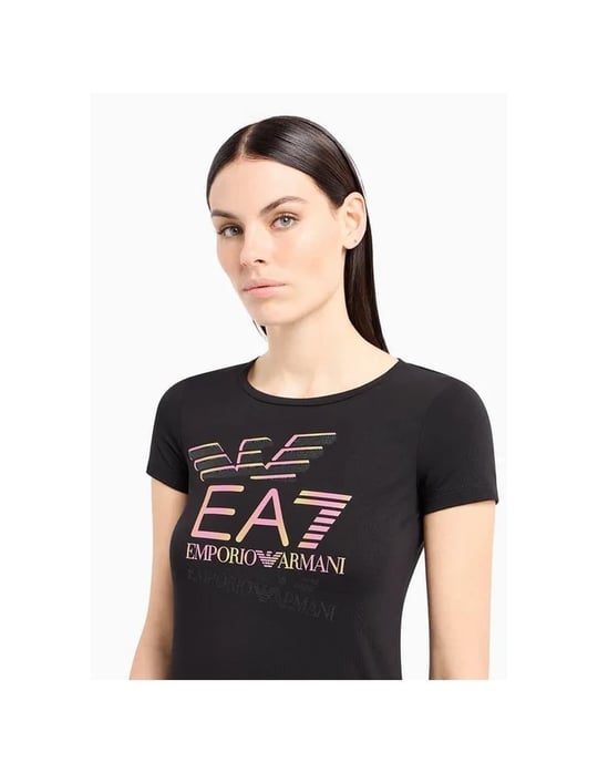 Ea7 Ea7 Kadın Dokuma Kumaş Düz Bisiklet Yaka Siyah T-Shirt 7W000182 AF10373-UC001