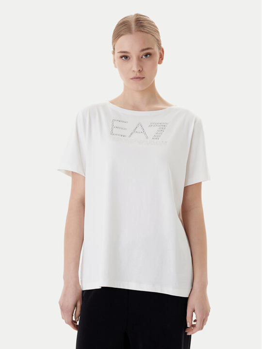 EA7 Ea7 Kadın Göğüste Taş Detaylı Logo Desenli Pamuklu Yuvarlak Yakalı Kısa Kollu Beyaz T-Shirt 7W001098 AF14880-U1142
