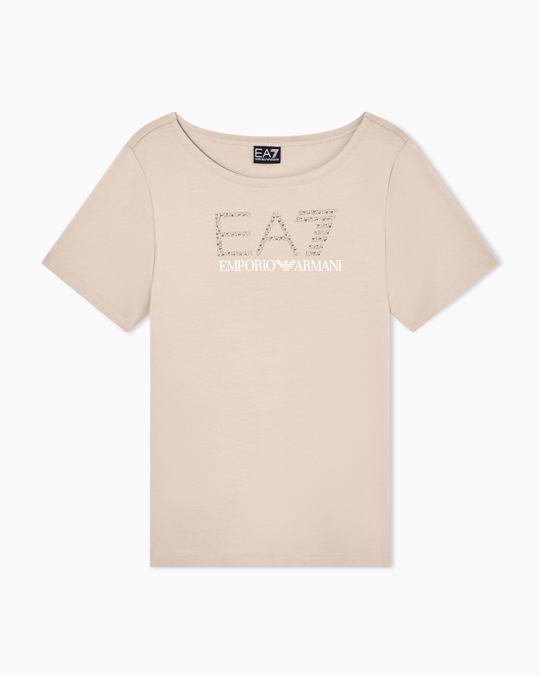 EA7 Ea7 Kadın Göğüste Taş Detaylı Logo Desenli Pamuklu Yuvarlak Yakalı Kısa Kollu Bej T-Shirt 7W001098 AF14880-U6225