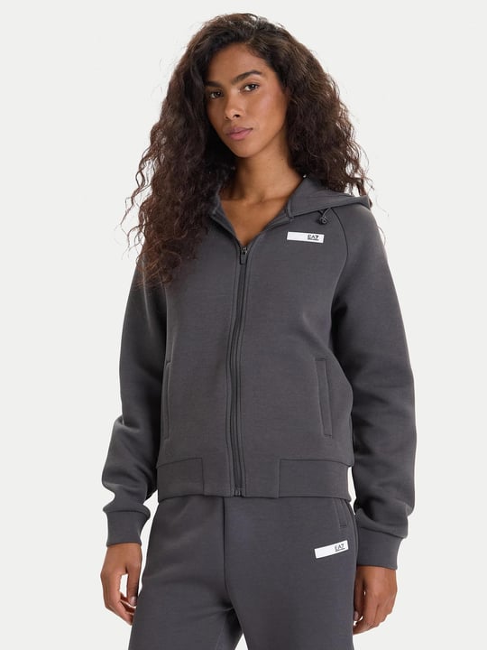 EA7 Ea7 Kadın Kapşonlu Yaka Fermuar Kapama EA7 Yazı Desen Cep Detay Siyah Sweatshirt 7W000675 AF13151-U8117