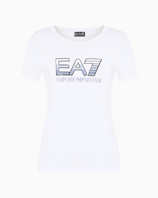 Ea7 Ea7 Kadın Normal Kalıp EA7 Pul Logolu Yuvarlak Yaka Esnek Pamuklu Kısa Kollu Beyaz T-Shirt 7W000183 AF10373-U0002