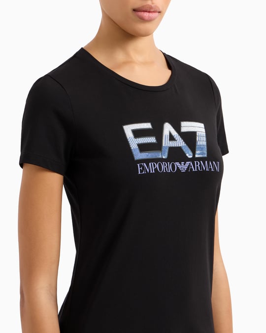 Ea7 Ea7 Kadın Normal Kalıp EA7 Pul Logolu Yuvarlak Yaka Esnek Pamuklu Kısa Kollu Siyah T-Shirt 7W000183 AF10373-UC001