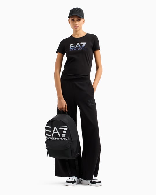 Ea7 Ea7 Kadın Normal Kalıp EA7 Pul Logolu Yuvarlak Yaka Esnek Pamuklu Kısa Kollu Siyah T-Shirt 7W000183 AF10373-UC001