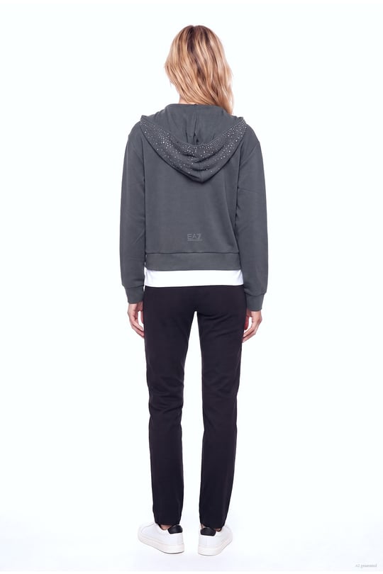 EA7 Ea7 Kadın Normal Kalıp Taş Desenli Kapüşonlu Uzun Kollu Antrasit Sweatshirt 7W001425 AF24375-U8117