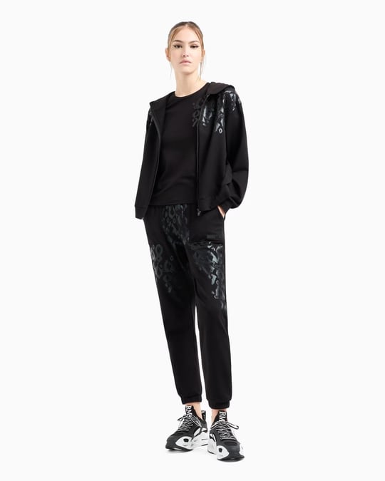 Ea7 Ea7 Kadın Normal Kesim Metalik Grafik Desen Baskılı Pamuklu Kapüşonlu Fermuarlı Uzun Kollu Siyah Sweatshirt 7W000479 AF13135-UC001