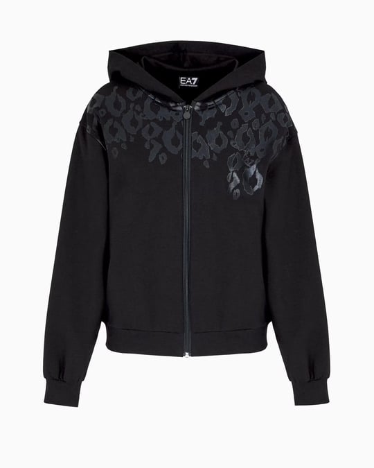 Ea7 Ea7 Kadın Normal Kesim Metalik Grafik Desen Baskılı Pamuklu Kapüşonlu Fermuarlı Uzun Kollu Siyah Sweatshirt 7W000479 AF13135-UC001