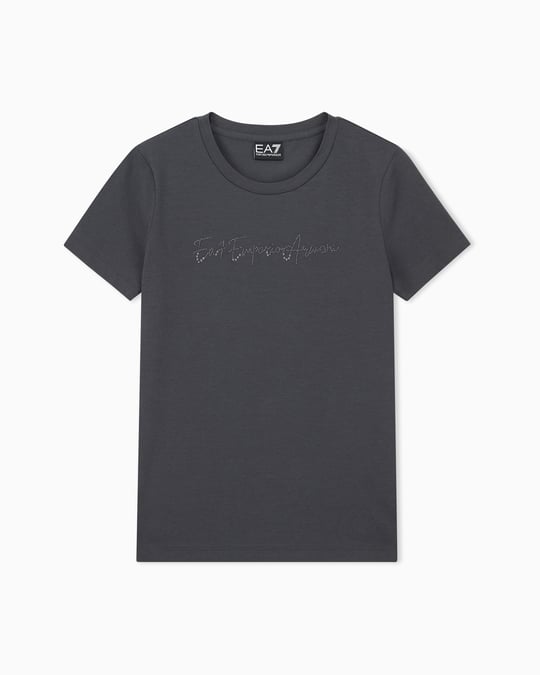 EA7 Ea7 Kadın Normal Kesim Yapay Taş Desenli Logo Detaylı Yuvarlak Yakalı Kısa Kollu Antrasit T-Shirt 7W001399 AF14880-U8117