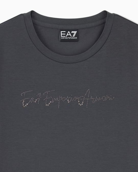 EA7 Ea7 Kadın Normal Kesim Yapay Taş Desenli Logo Detaylı Yuvarlak Yakalı Kısa Kollu Antrasit T-Shirt 7W001399 AF14880-U8117